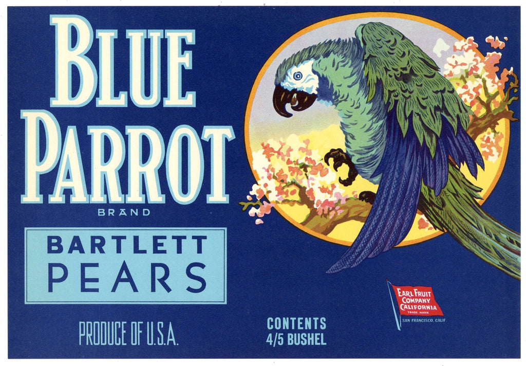 Blue Parrot Brand Vintage Pear Crate Label, 4/5 bushel