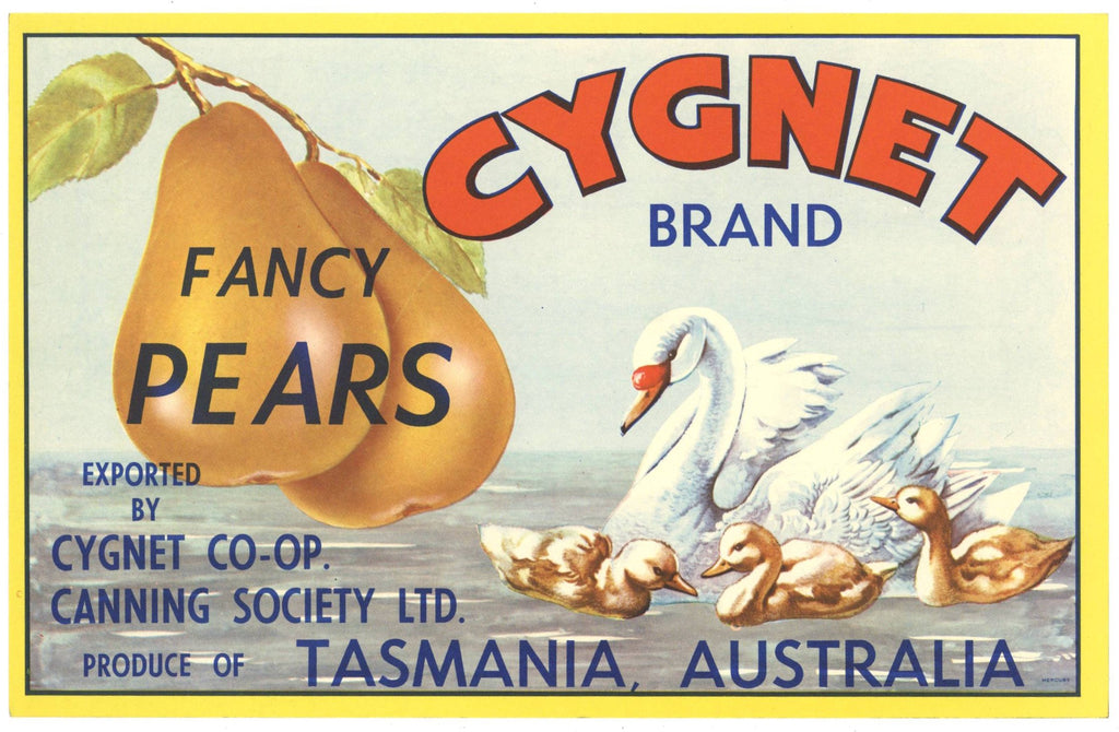 Cygnet Brand Vintage Tasmania Australian Pear Crate Label