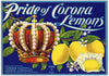 Pride of Corona Brand Vintage Riverside County California Lemon Crate Label