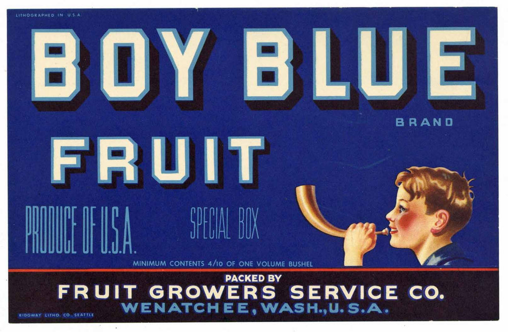 Boy Blue Brand Vintage Wenatchee Washington Apple Crate Label, gift pack