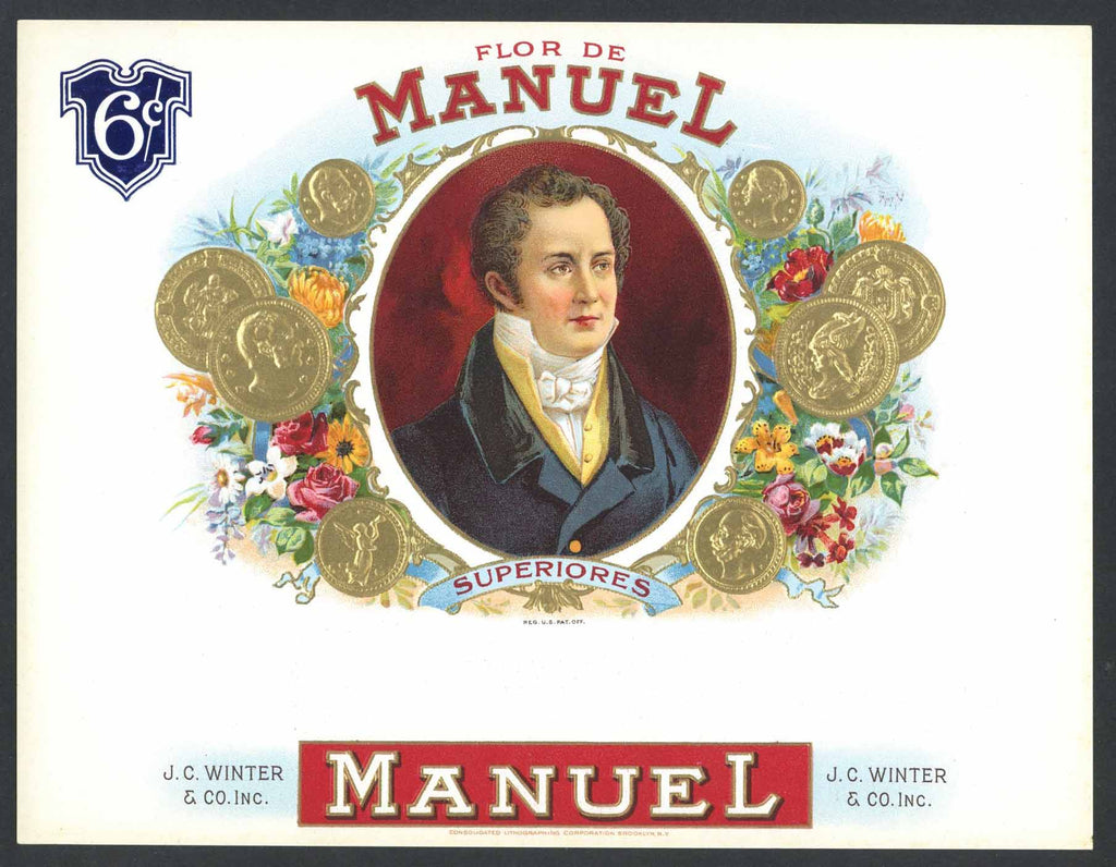 Flor De Manuel Brand Inner Cigar Box Label, 6 cents