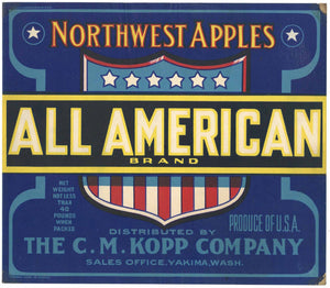 All American Brand Vintage Yakima Washington Apple Crate Label, 40 lb, variation