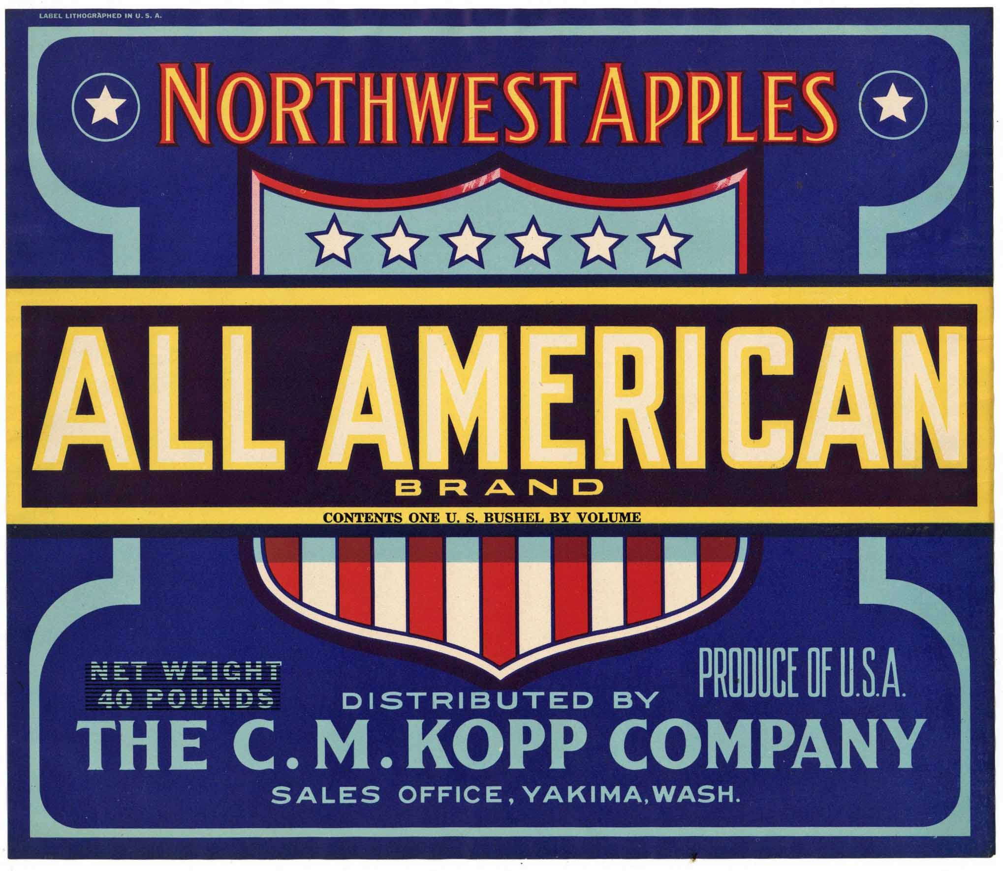 All American Brand Vintage Yakima Washington Apple Crate Label, overprint