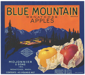 Blue Mountain Brand Vintage Washington Apple Crate Label, 'Wenatchee'