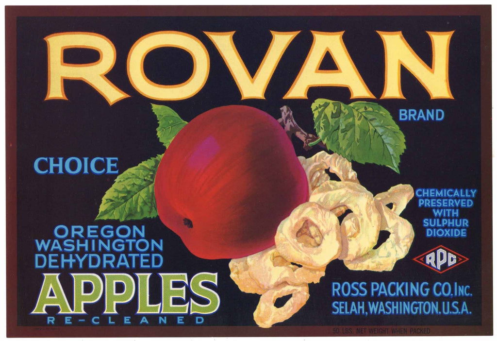 Rovan Brand Vintage Selah Washington Apple Crate Label, Dehydrated