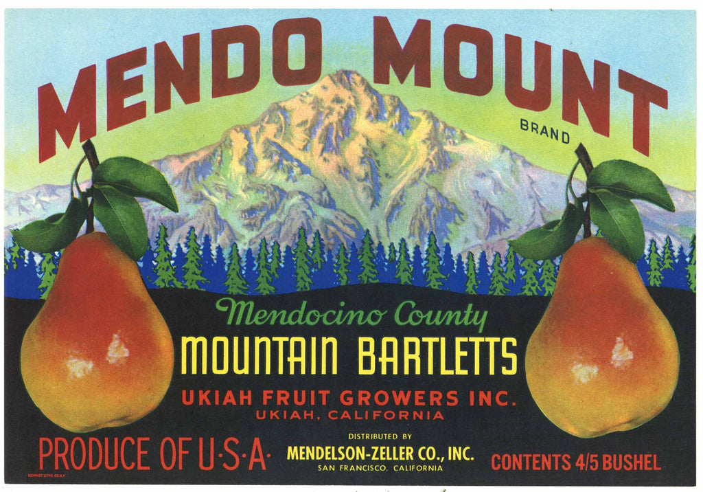 Mendo Mount Brand Vintage Ukiah California Pear Crate Label