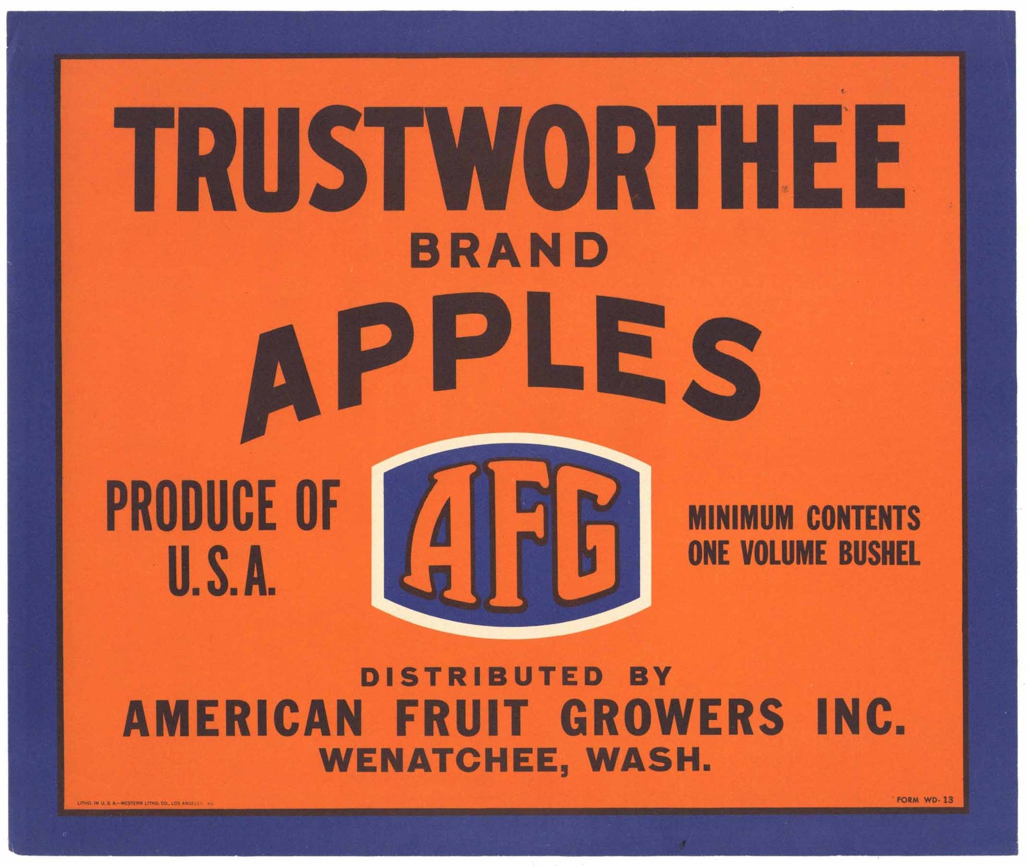 Trustworthee Brand Wenatchee Washington Apple Crate Label, type2