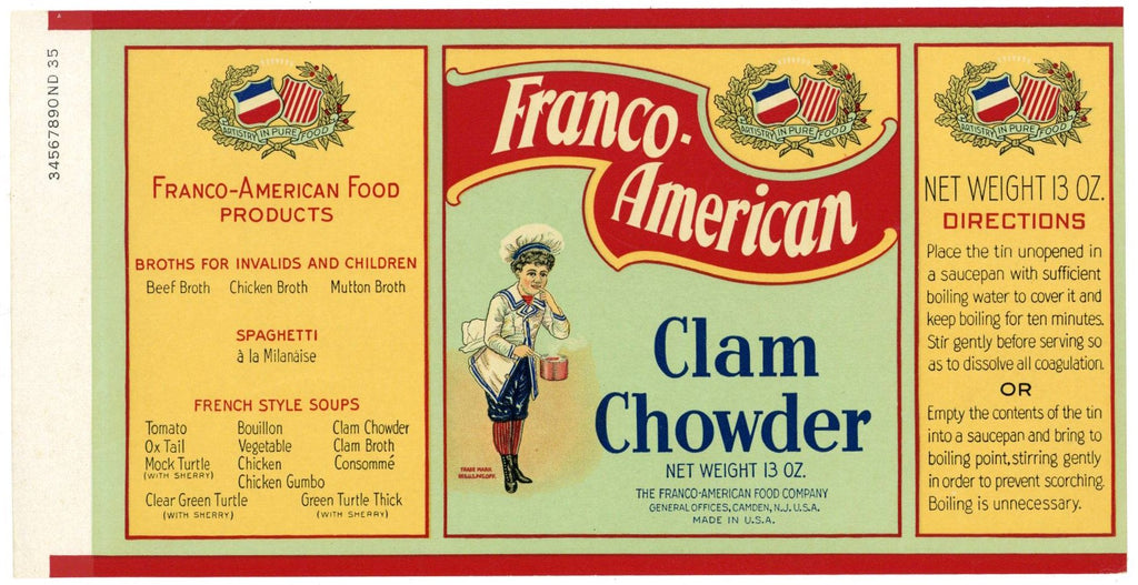 Frano-American Brand Vintage Camden New Jersey Clam Chowder Can Label