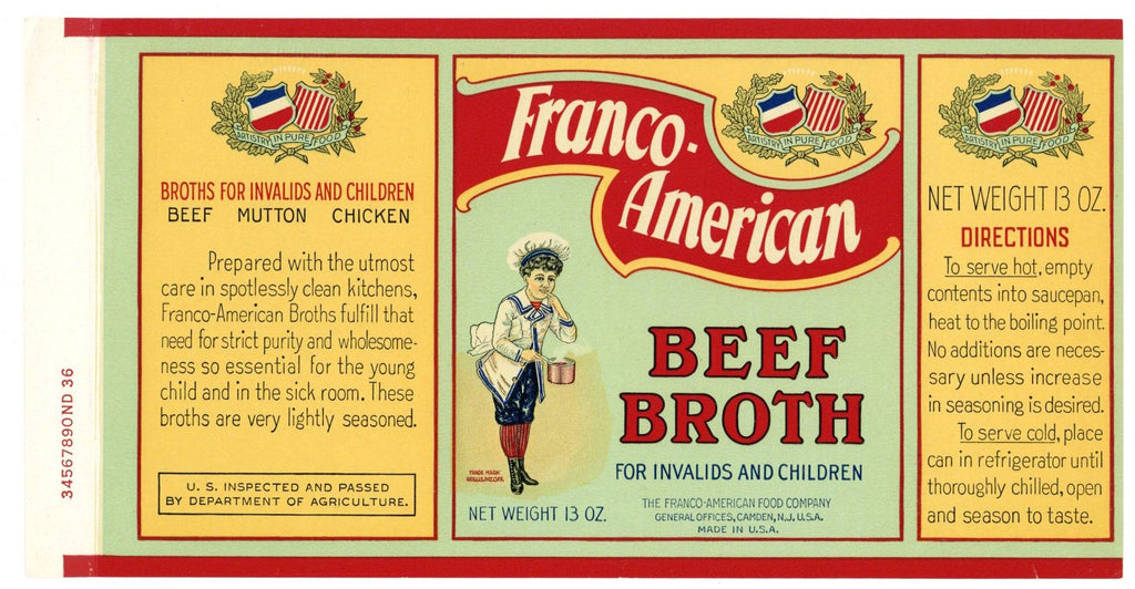Frano-American Brand Vintage Camden New Jersey Beef Broth Can Label