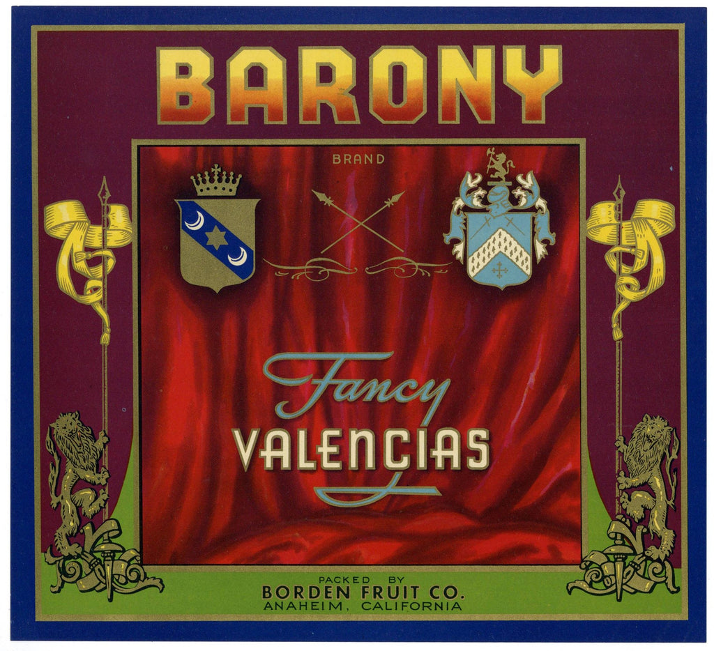 Barony Brand Vintage Anaheim Orange Crate Label