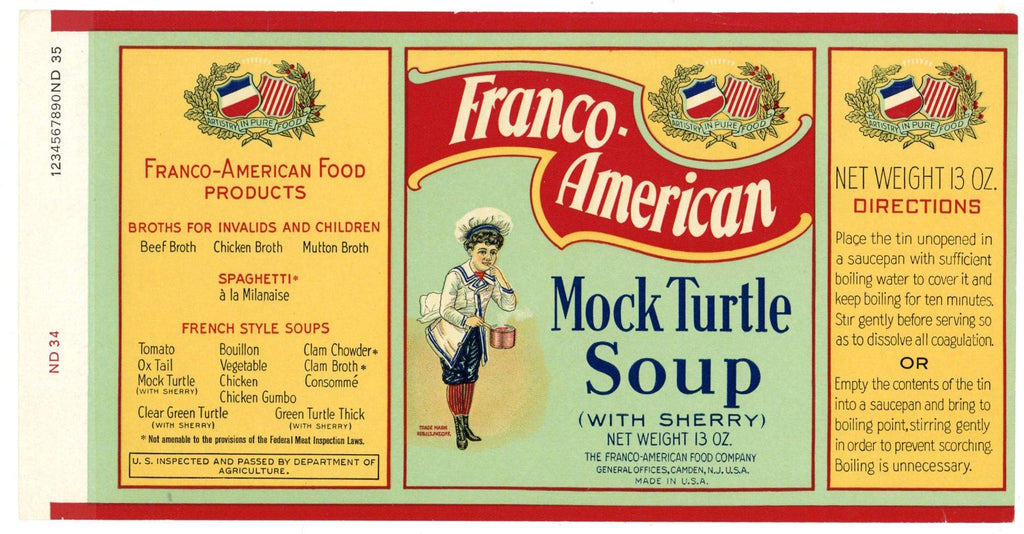 Frano-American Brand Vintage Camden New Jersey Mock Turtle Soup Can Label