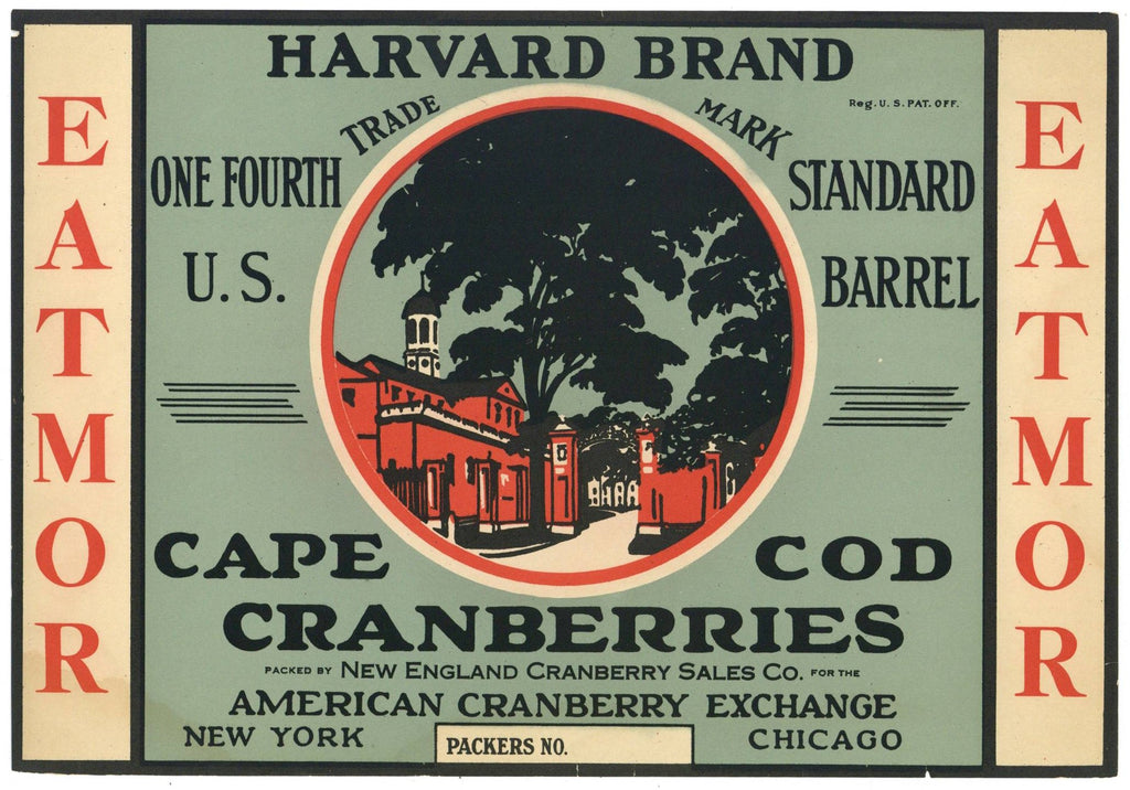 Harvard Brand Vintage Cape Cod Cranberry Crate Label, 1/4