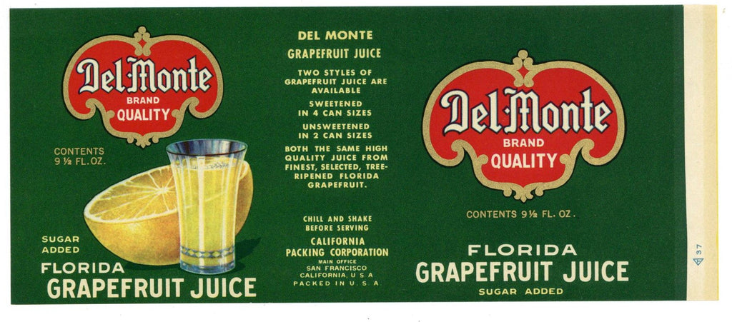 Del Monte Brand Vintage Grapefruit Juice Can Label