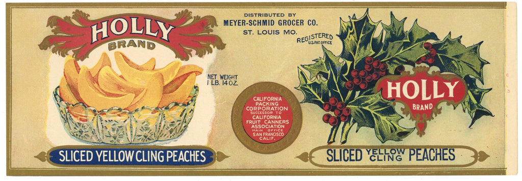 Holly Brand Vintage Sliced Yellow Cling Peaches Can Label