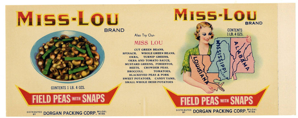 Miss-Lou Brand Vintage Biloxi Mississippi Peas Can Label