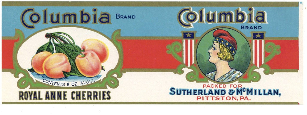 Columbia Brand Vintage Pittston Pennsylvania Can Label