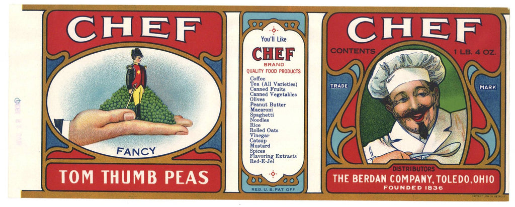 Chef Brand Vintage Toledo Ohio Tom Thumb Peas Can Label
