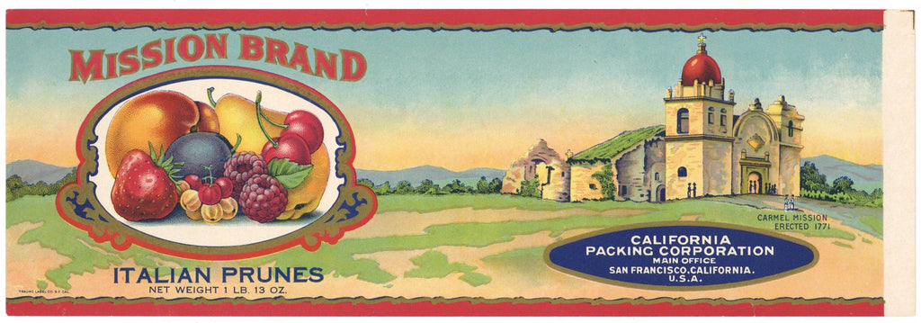 Mission Brand Vintage Italian Prunes Fruit Can Label