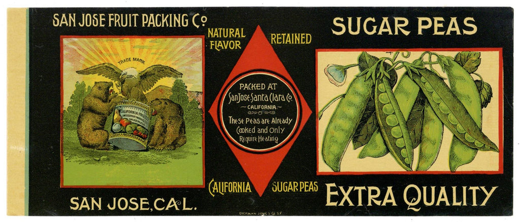 San Jose Fruit Packing Co. Brand Vintage Sugar Peas Can Label