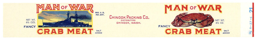 Man Of War Brand Vintage Chinook Washington Crab Can Label