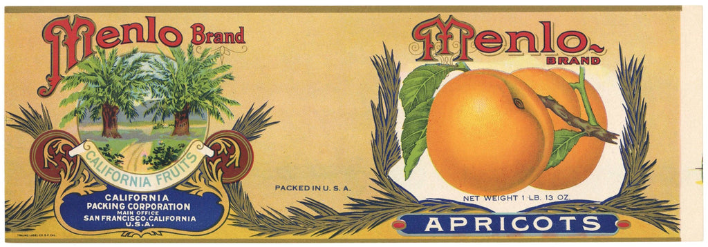 Menlo Brand Vintage Apricots Can Label, long