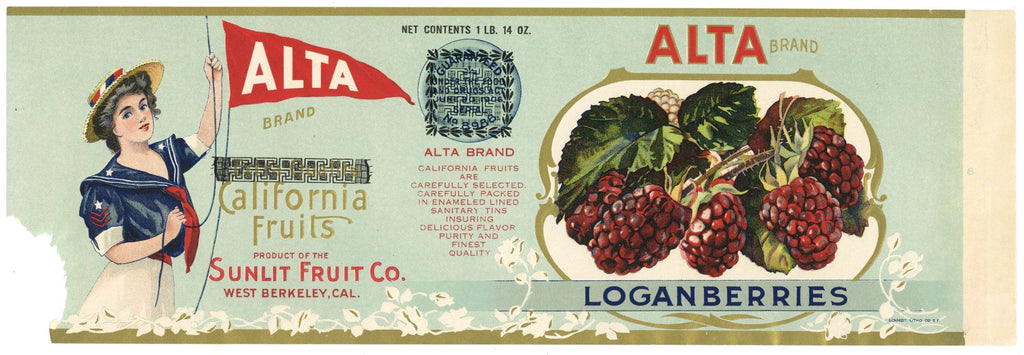 Alta Brand Vintage West Berkeley California Loganberries Can Label