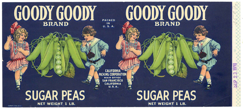 Goody Goody Brand Vintage Sugar Peas Can Label