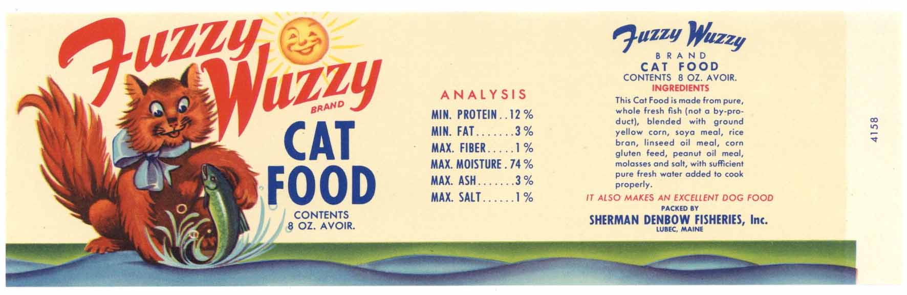 Fuzzy Wuzzy Brand Vintage Maine Cat Food Can Label, smaller