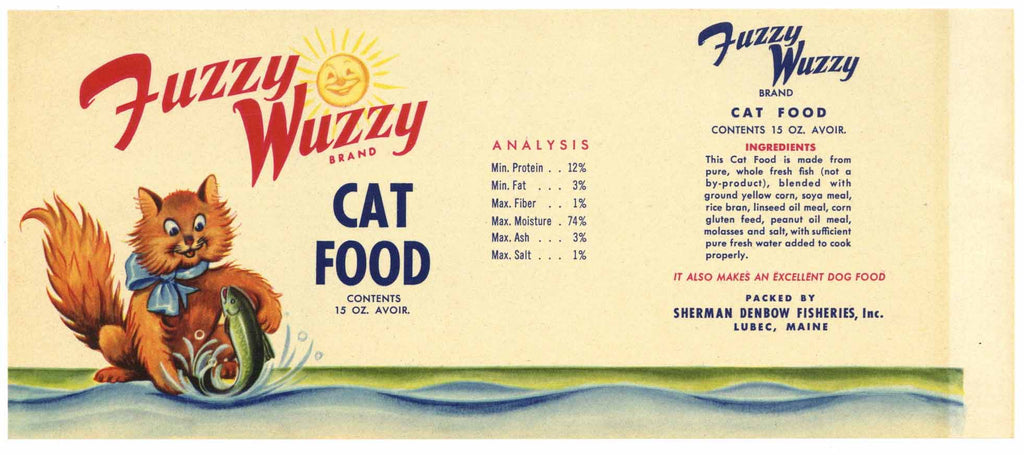 Fuzzy Wuzzy Brand Vintage Maine Cat Food Can Label L