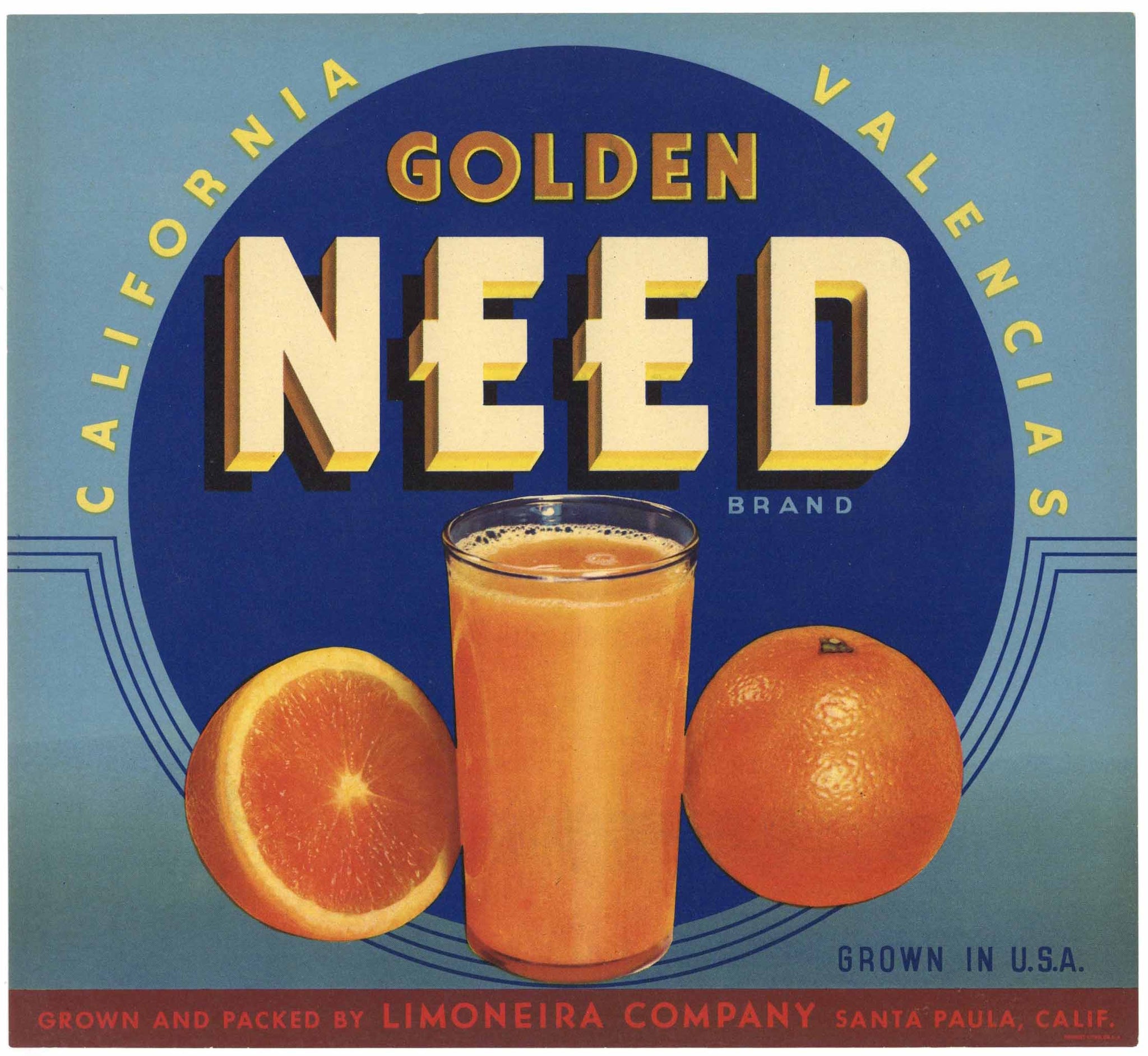 Golden Need Brand Vintage Santa Paula California Orange Crate Label