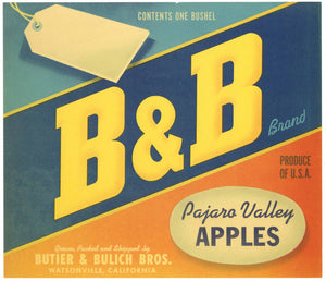 B & B Brand Vintage Watsonville California Apple Crate Label, wear