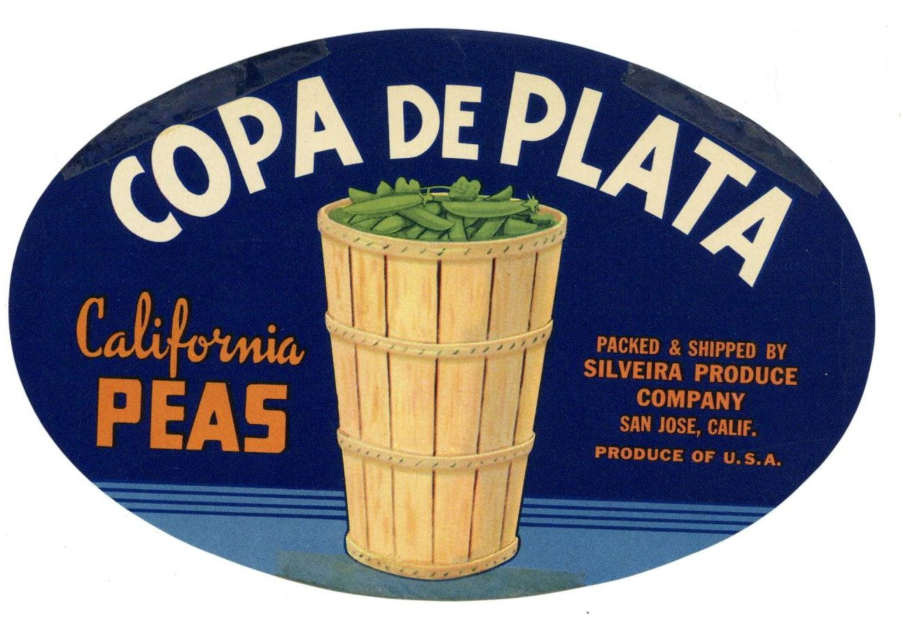 Copa De Plata Brand Vintage San Jose California Peas Crate Label, oval