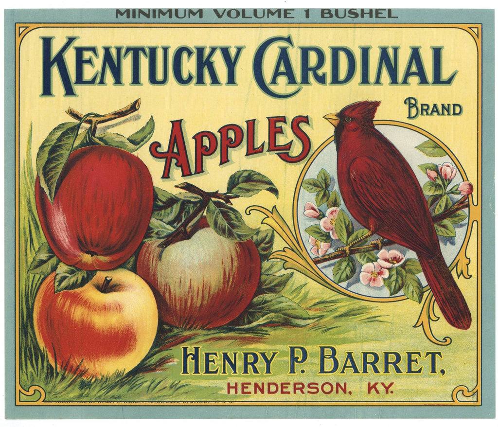 Kentucky Cardinal Brand Vintage Henderson Kentucky Apple Crate Label, printing flaws