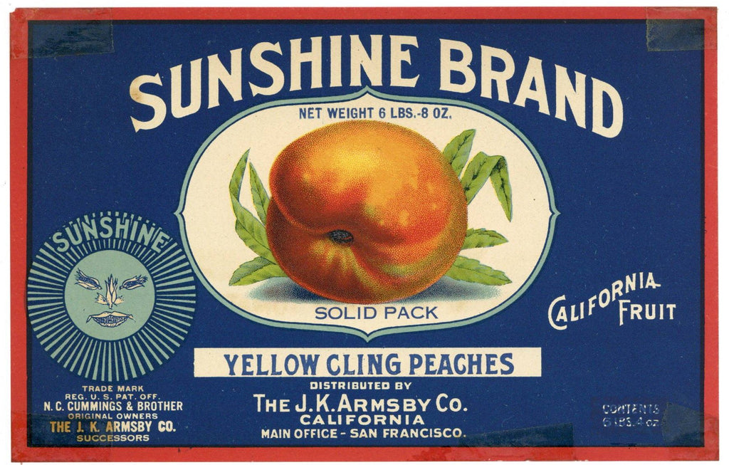Sunshine Brand Vintage J. K. Armsby Peach Can Label