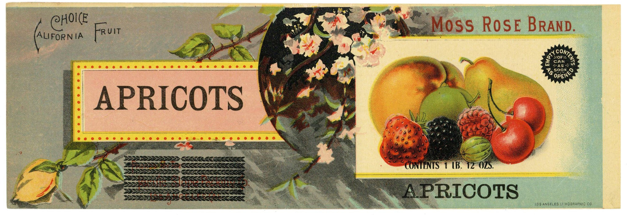 Moss Rose Brand Vintage Apricot Can Label, mixed fruit vignette