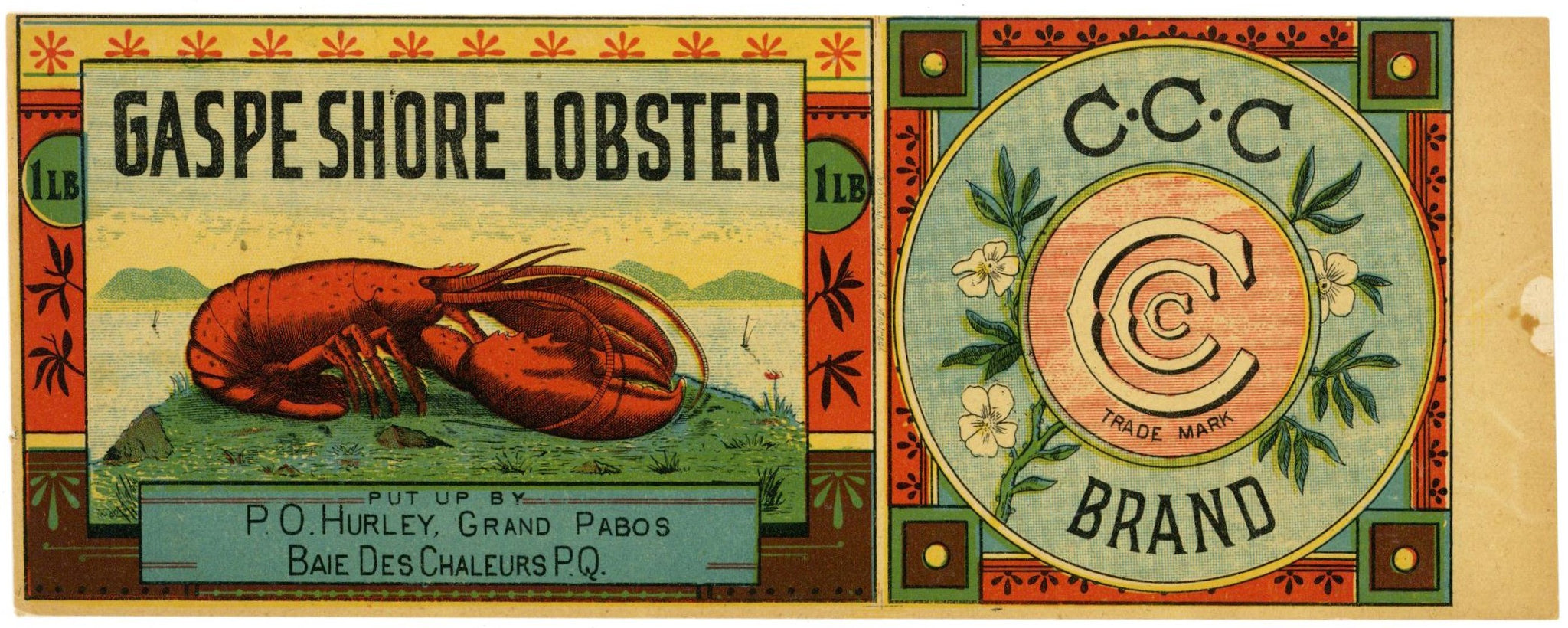 Gaspe Shore CCC Brand Vintage Canadian Lobster Can Label