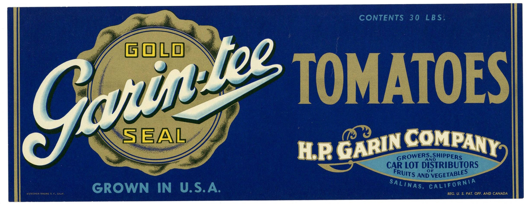 Garin-Tee Brand Vintage Salinas California Tomato Crate Label, 1940s