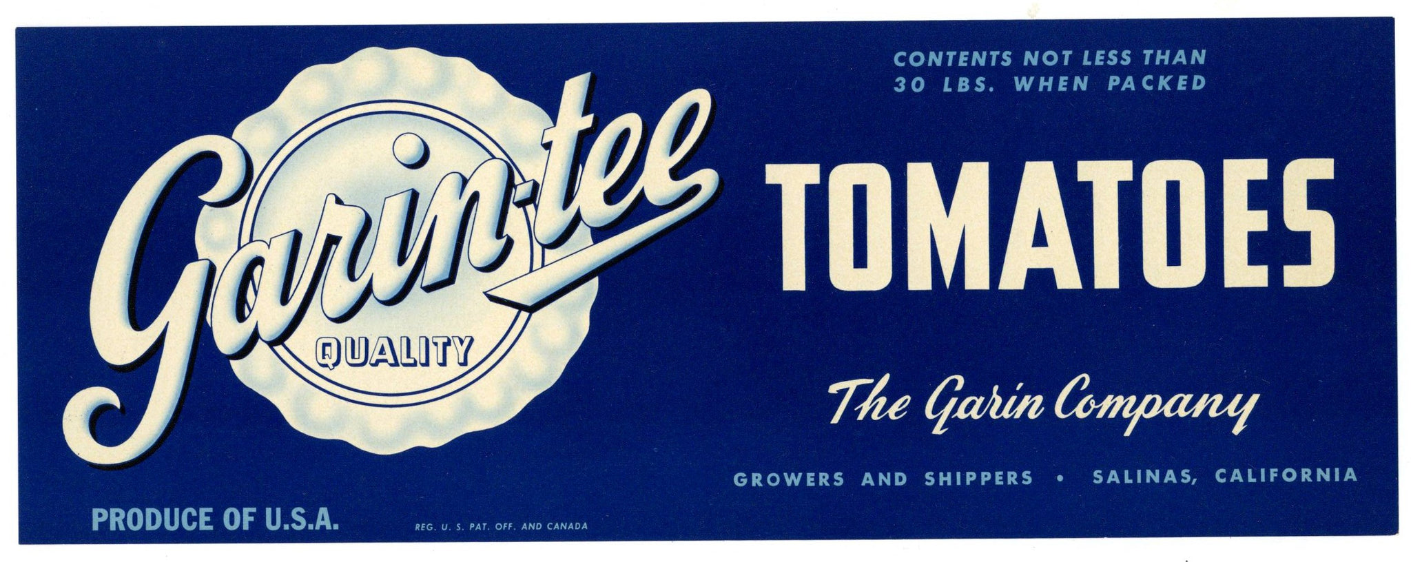 Garin-Tee Brand Vintage Salinas California Tomato Crate Label, 1950s