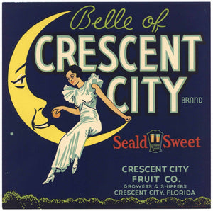 Belle Of Crescent City Brand Vintage Florida Citrus Crate Label