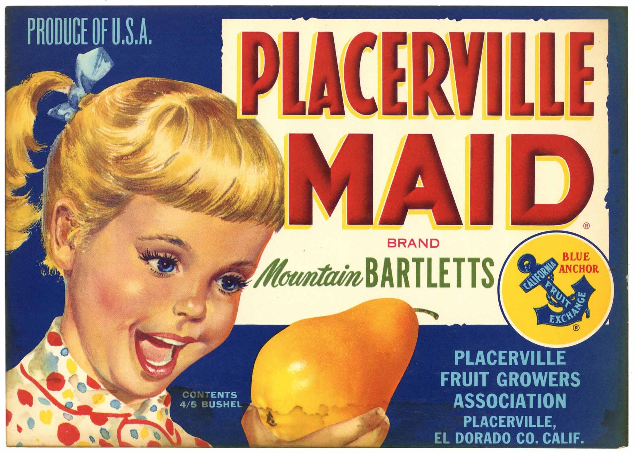 Placerville Maid Brand Vintage El Dorado County Pear Crate Label, blonde