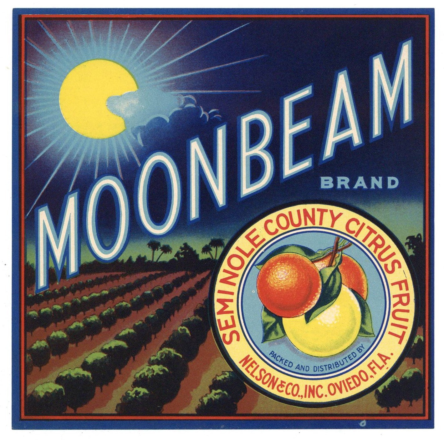 Moonbeam Brand Vintage Oviedo Florida Citrus Crate Label, S