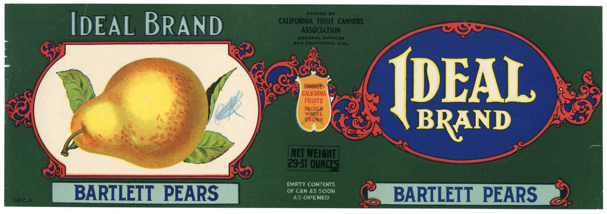 Ideal Brand Vintage Bartlett Pears Can Label