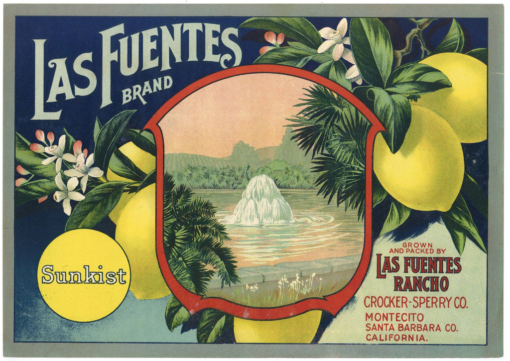 Las Fuentes Brand Vintage Santa Barbara County Lemon Crate Label, Sunkist