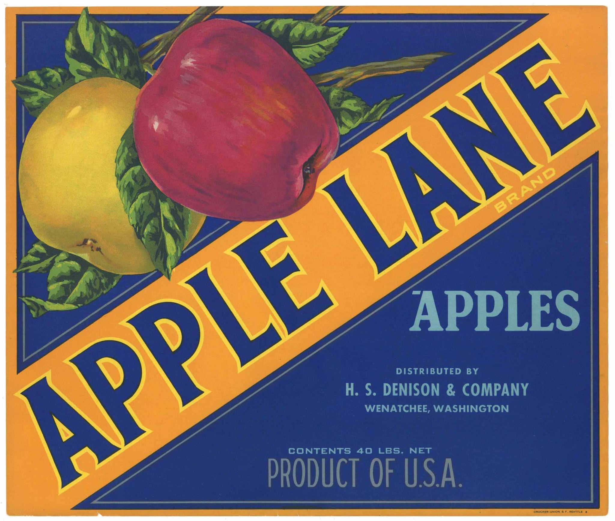 Apple Lane Brand Vintage Washington Apple Crate Label, 40 lbs