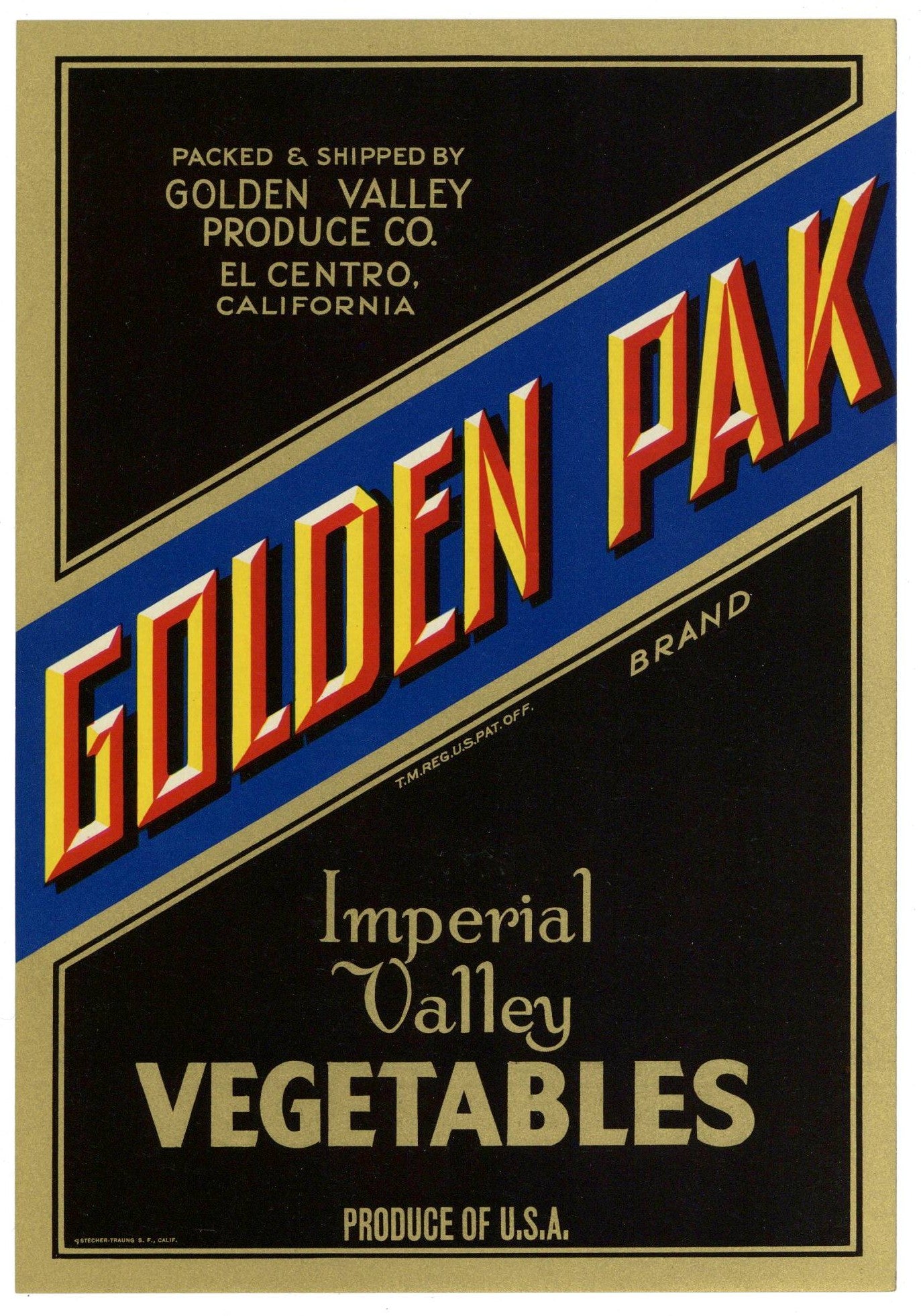 Golden Pak Brand Vintage El Centro California Vegetable Crate Label