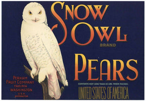 Snow Owl Brand Vintage Yakima Washington Pear Crate Label b, 46lbs