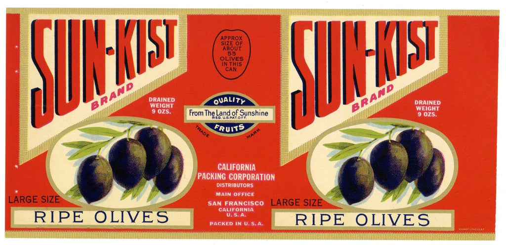 Sun-Kist Brand Vintage Olive Can Label