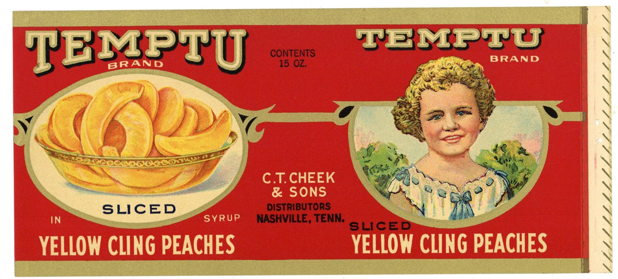 Temptu Brand Vintage Nashville Tennessee Sliced Peach Can Label, C. T. Cheek