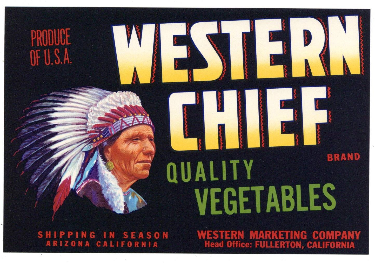 Western Chief Brand Vintage Fullerton California Vegetable Crate Label