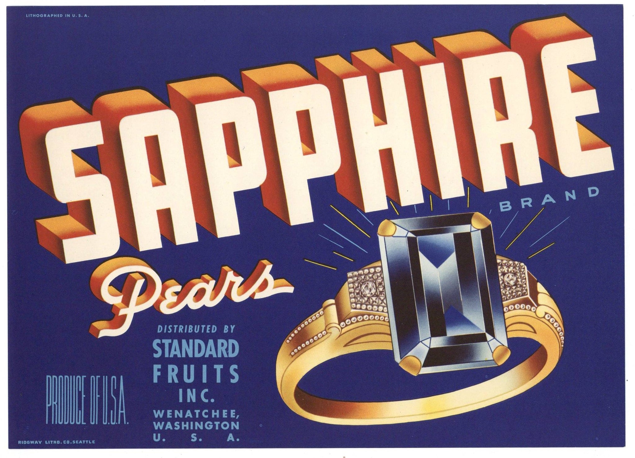 Sapphire Brand Vintage Wenatchee Washington Pear Crate Label